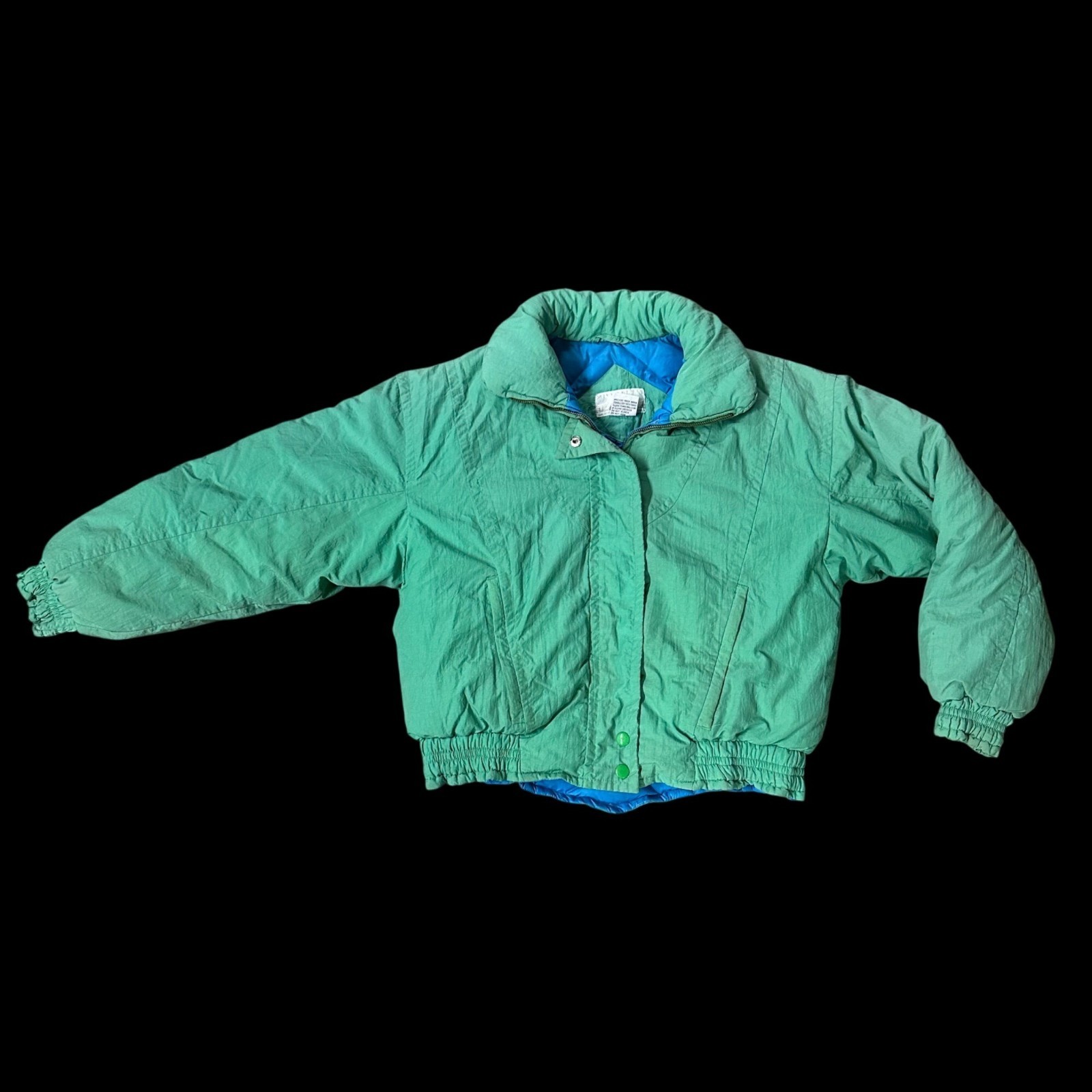 Vintage Green Puffer Coat Jacket Womens Medium 1990s Mixed Blues Nylon Down