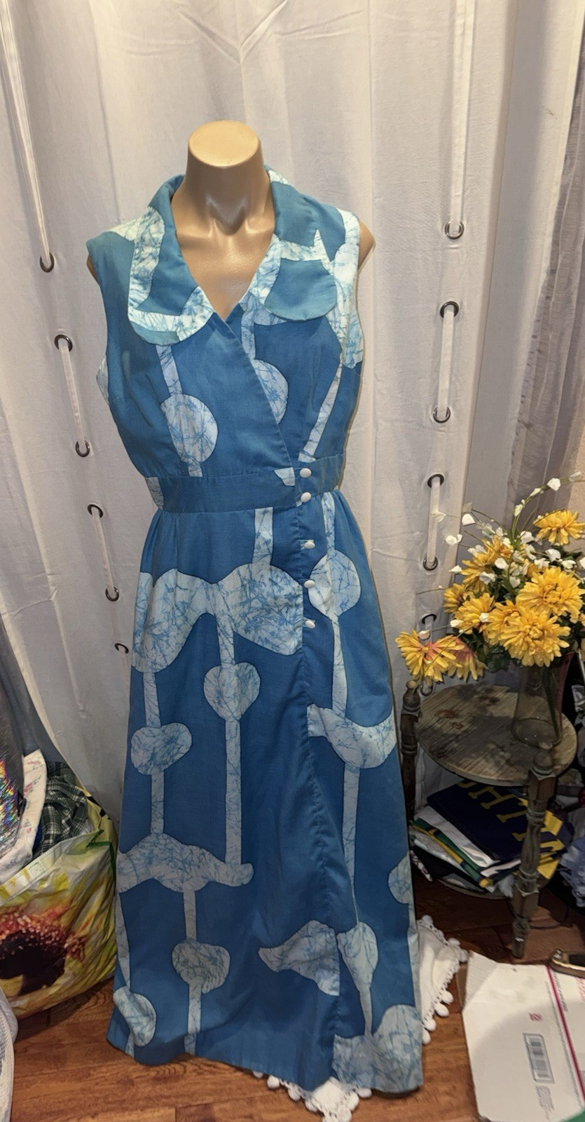 VTG McInerny Hawaii Aloha Sleeveless Blue Tie Dye Abstract Print Dress-38″ Chest