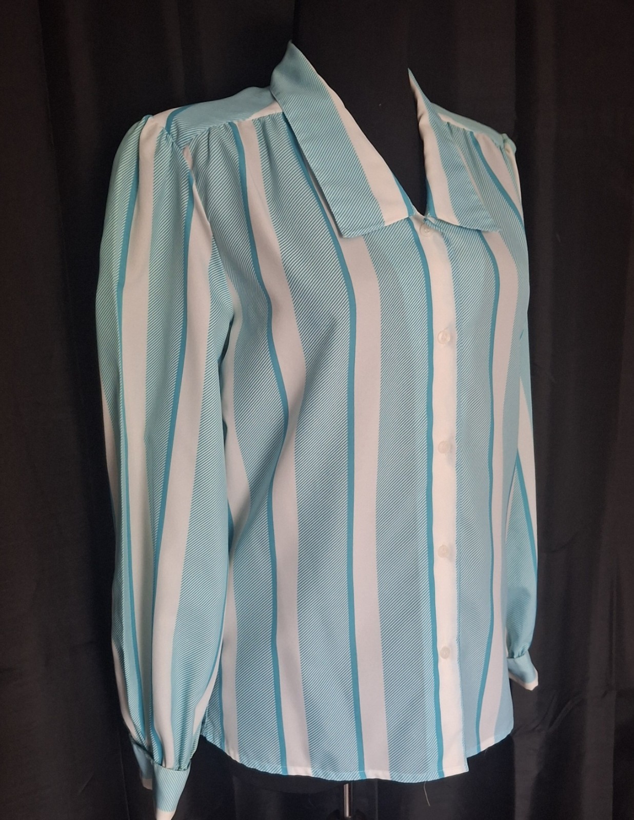 Vtg Lady Manhattan Blouse Long puff sleeves french cuffs Button up striped Sz 8