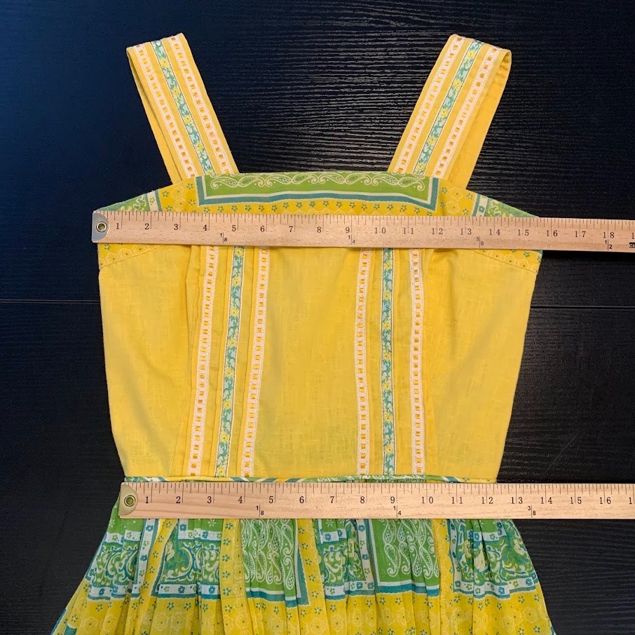 Vintage Handmade Patchwork Dress Ruffled Green/Yellow Boho Cottagecore Women’s