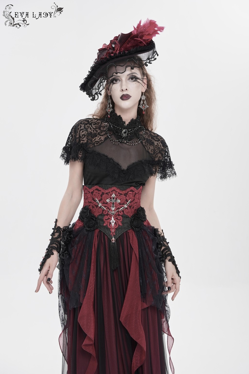 Eva Lady Women Black Red Retro Gothic Elegant Cross Bat Corset With Tulle Skirt