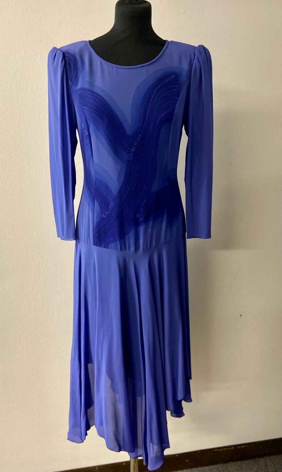 Womens Vintage Blue Cocktail Dress with Full Flowing Skirt with tiered hemline