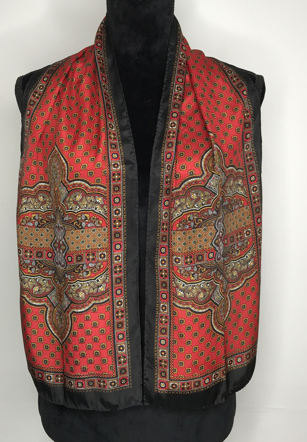 Vintage Polyester Made in Korea 52”x10″ Red, Black, Gold Tone Scarf