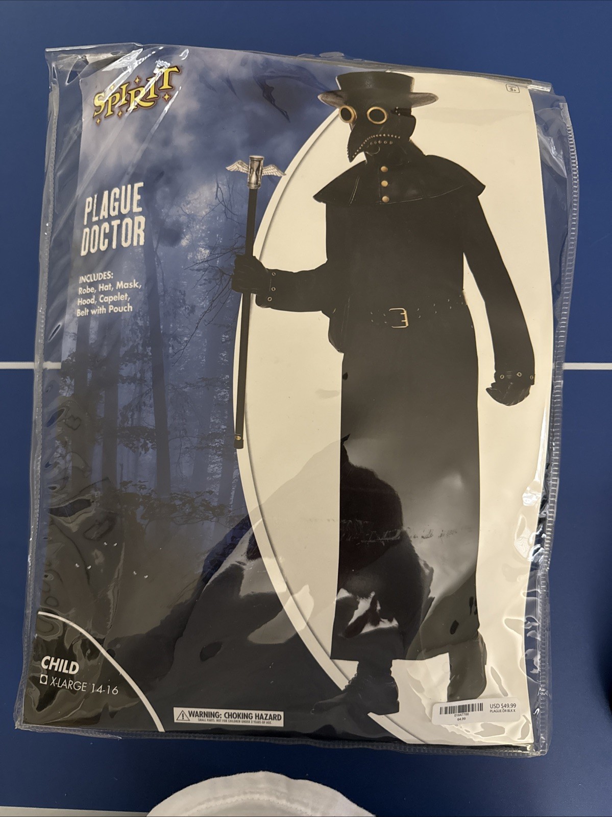 Kids Plague Doctor Costume (robe, hood, hat, mask, gloves, belt) child size XL