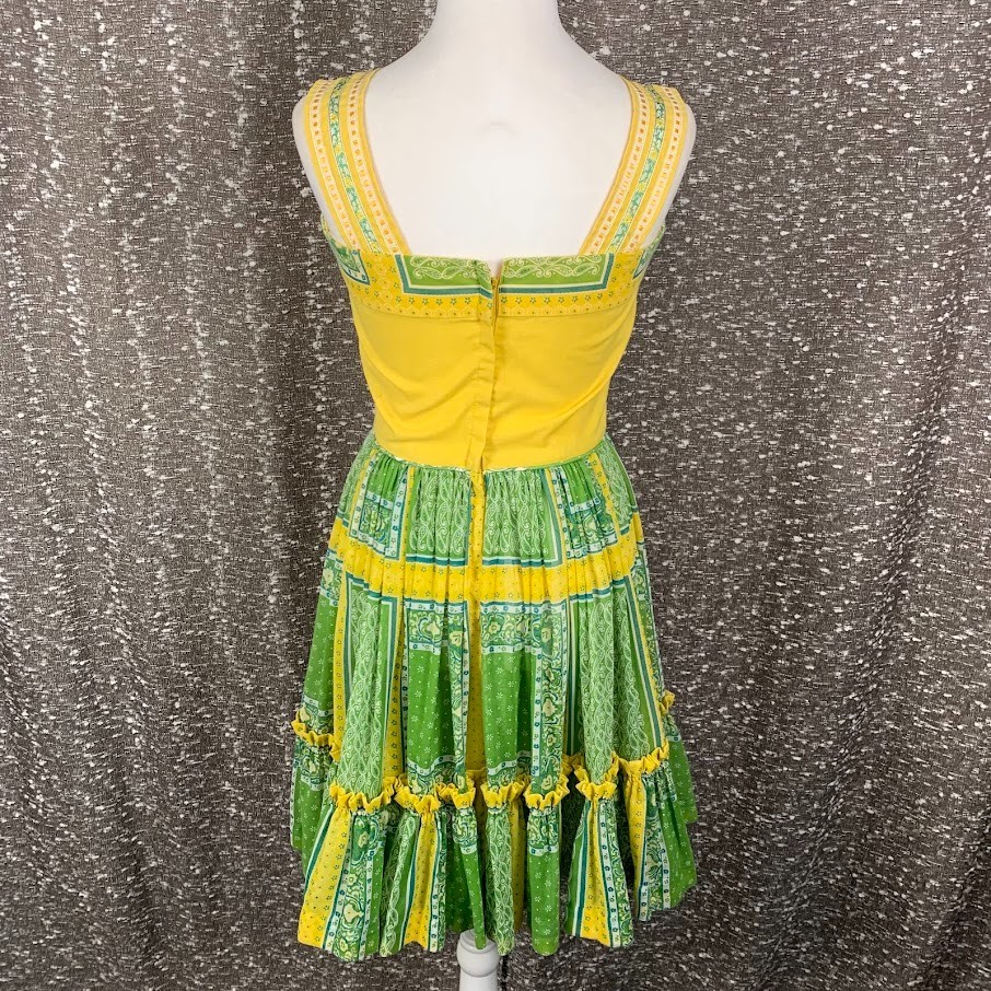 Vintage Handmade Patchwork Dress Ruffled Green/Yellow Boho Cottagecore Women’s