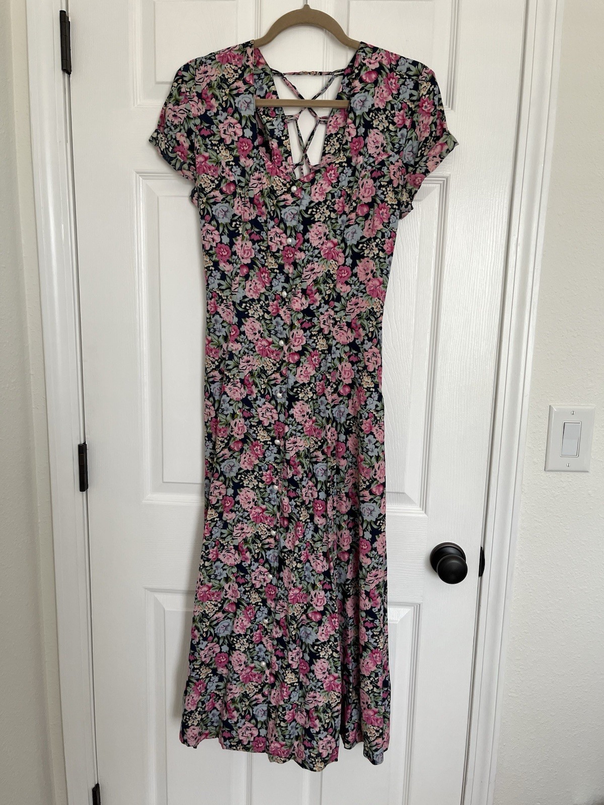 Vintage Switch Made In USA Dress Black Floral Women’s Tie Back Cottagecore 90s