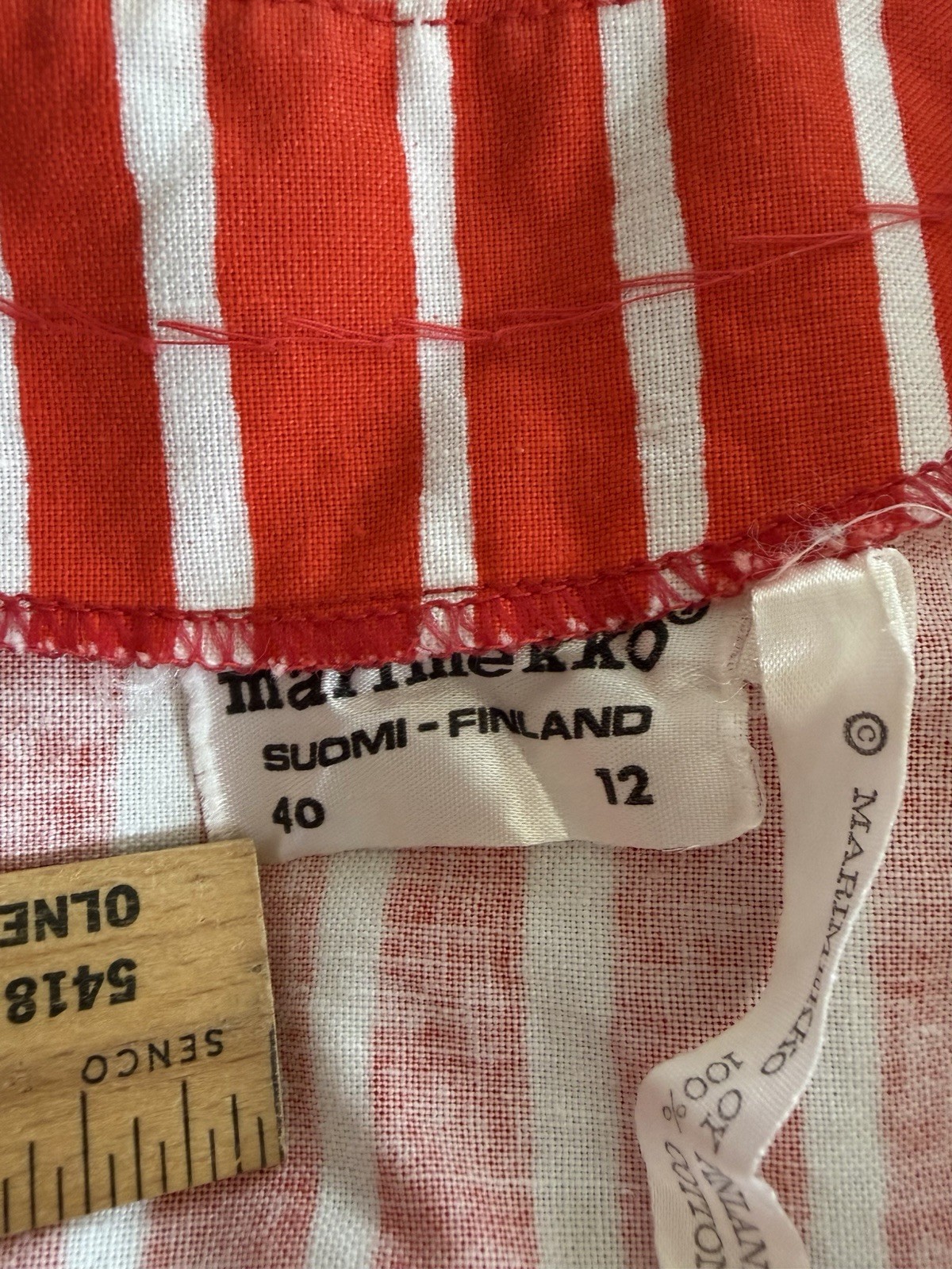 Vintage 1960s 1970s Marimekko Mariessu Red White Piccolo Stripe Apron Dress S