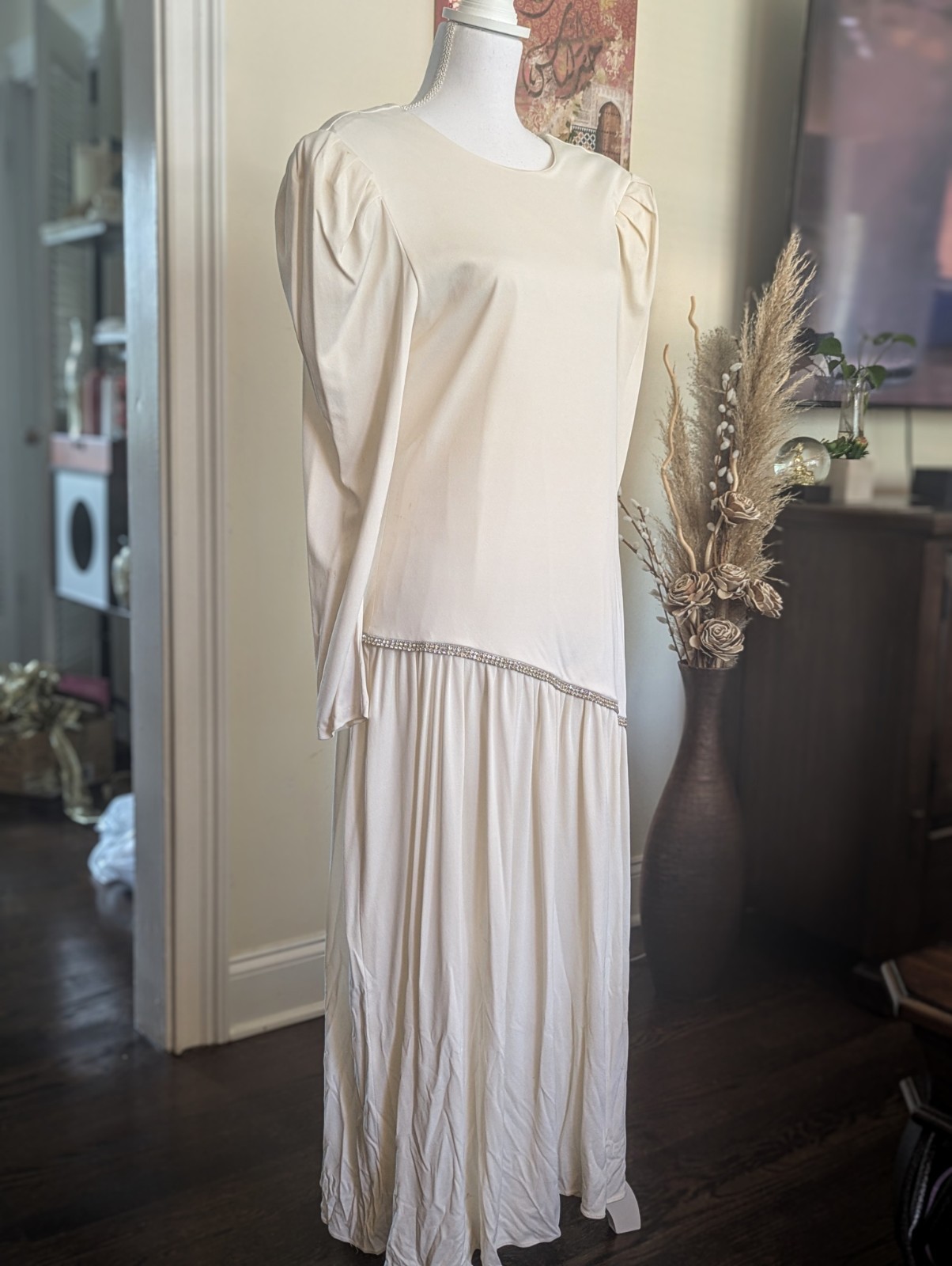 Mint VTG 1987 Pantagis Drop Waist Dress Cream Rhinestone Deadstock Era 11/12 USA