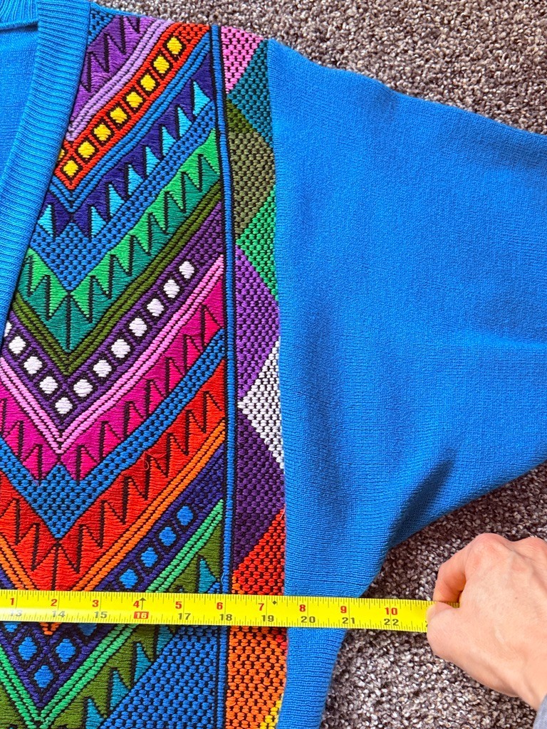 Vintage 80s Geometric Cardigan Sweater Blue Bold Retro Knit S/M