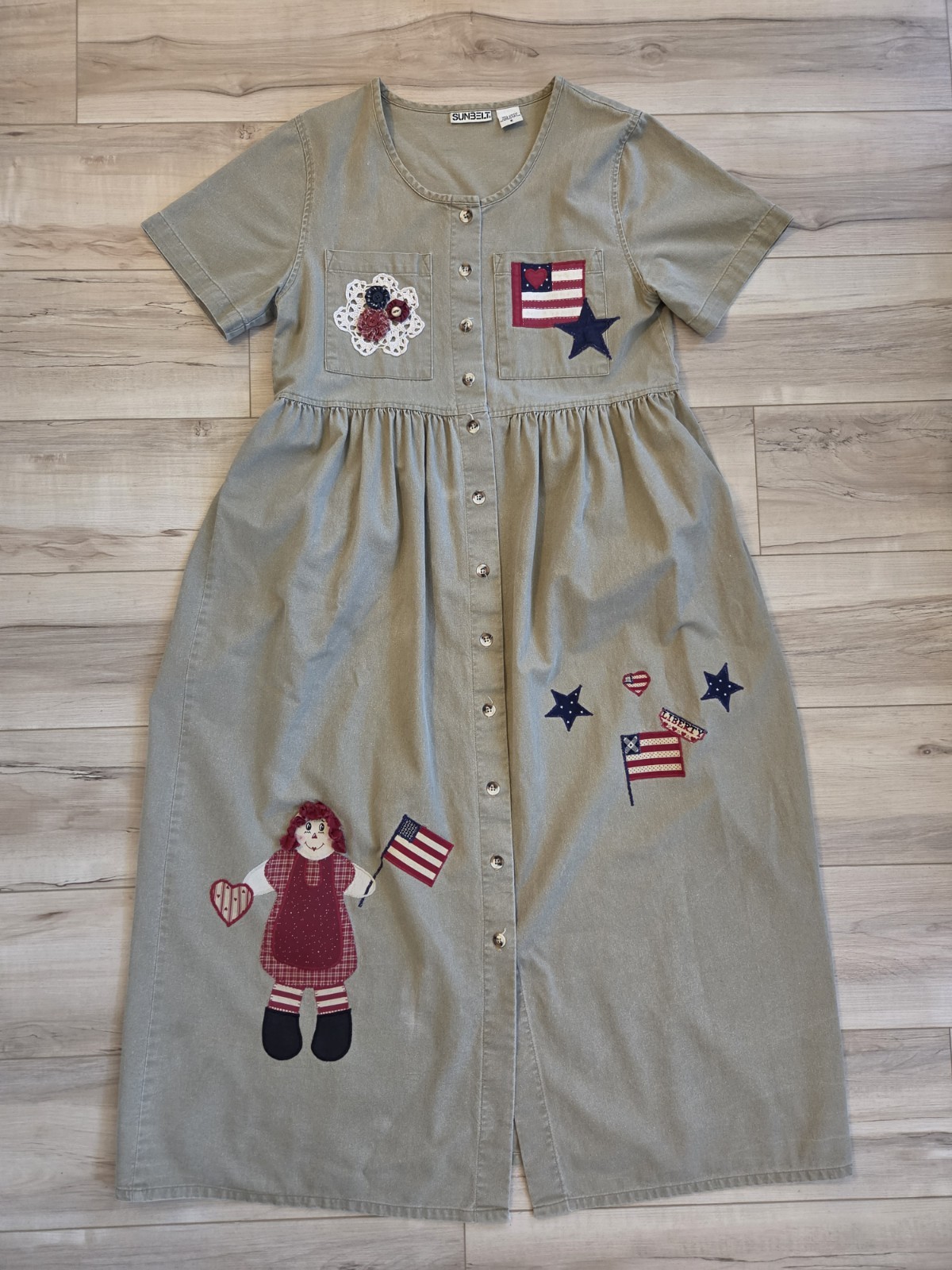 Vintage SUNBELT American Flag Patriotic Denim Dress Women’s Size S Sage Cotton