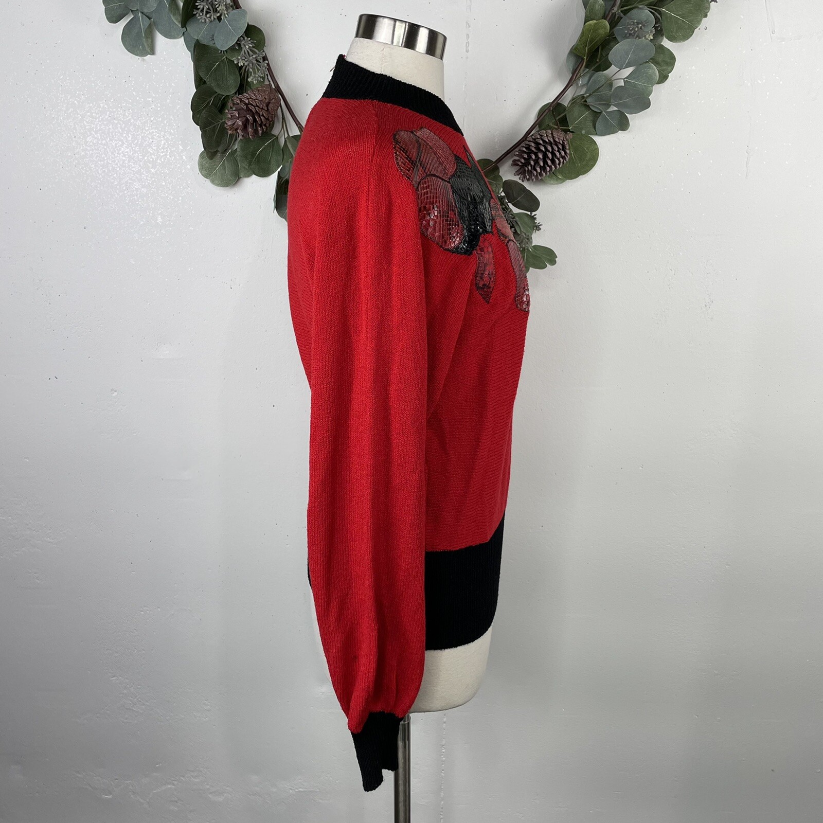 Vintage 80s Womens Sweater Size S Santana Knit Leather Flower Red