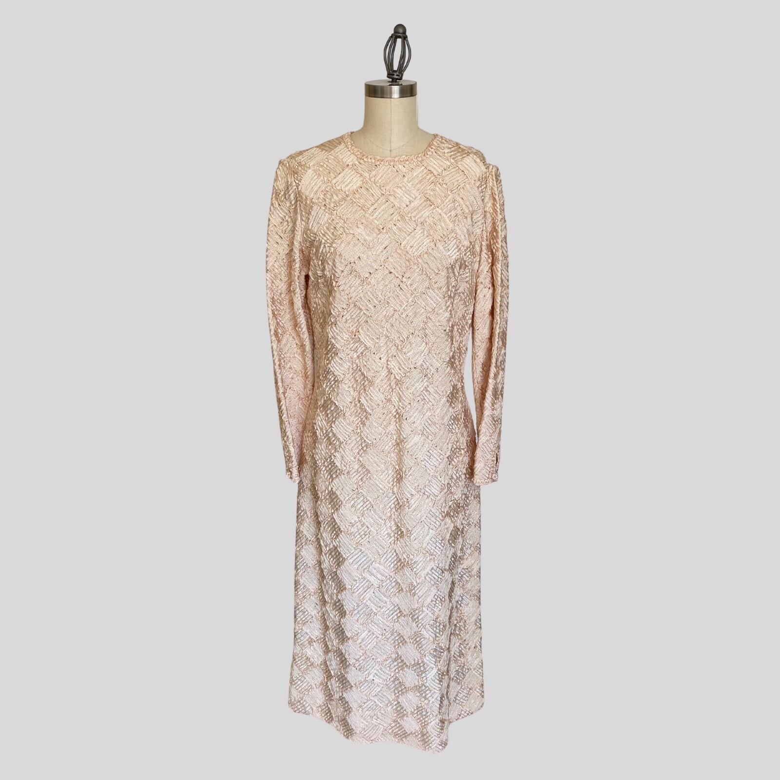 Vintage 60s Caledonia Sheath Dress Tan Nude Champagne Ribbon Wedding Evening