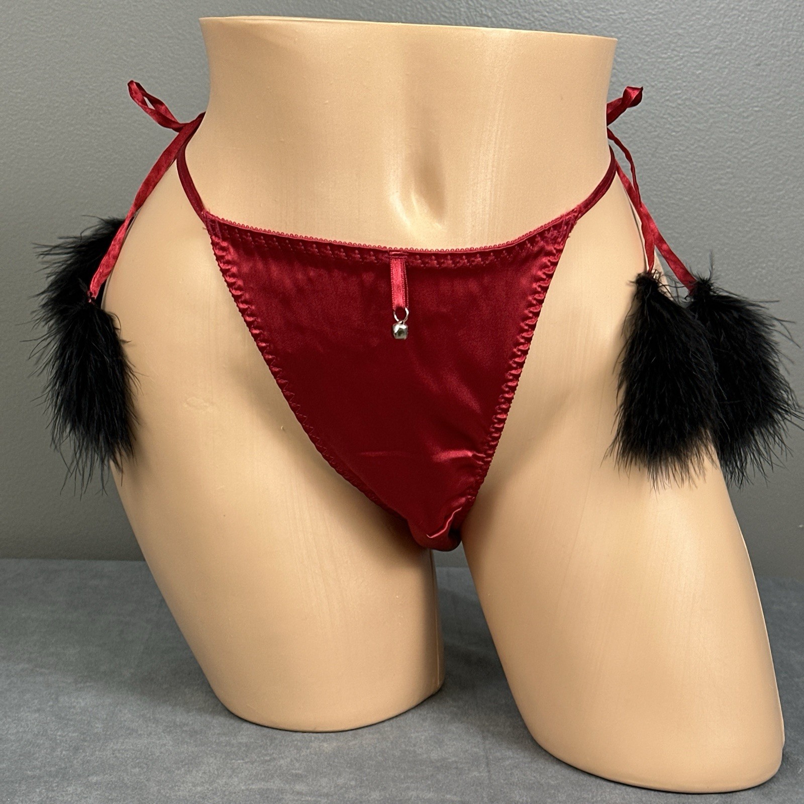 Vintage Secret Treasures Red Satin String Bikini Panties Size 5 Side Tie Feather