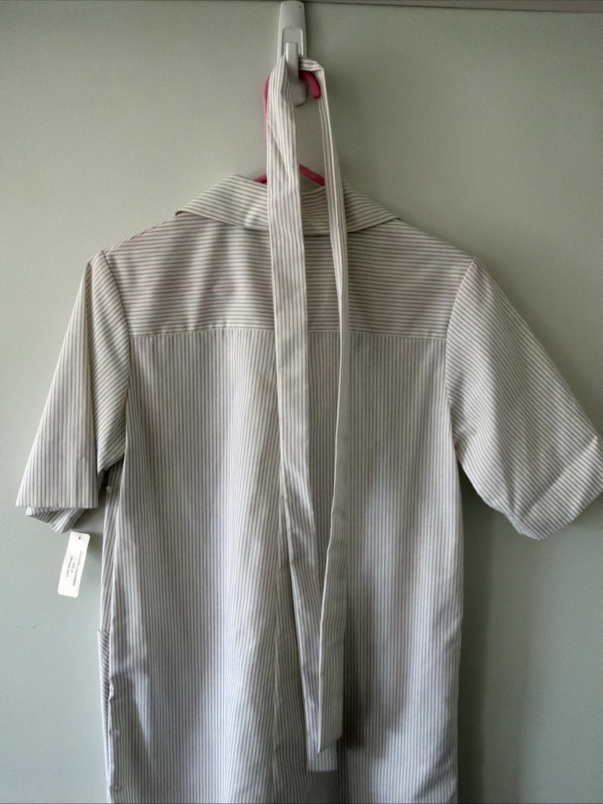 Vintage MCM Skimma Beige & White Striped House Dress 3/4 Zip Belt Medium