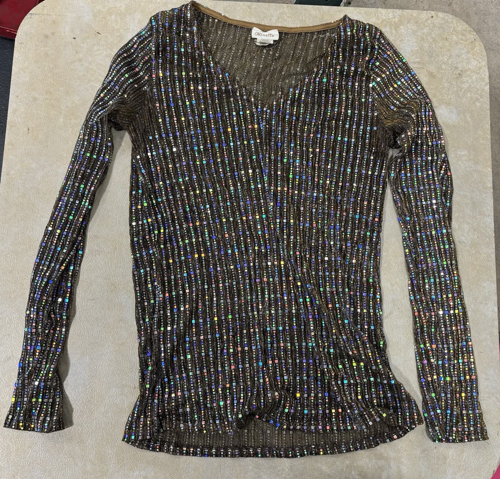 Vintage 1970s Minette Sequin Reflective See Through Long Sleeve Top