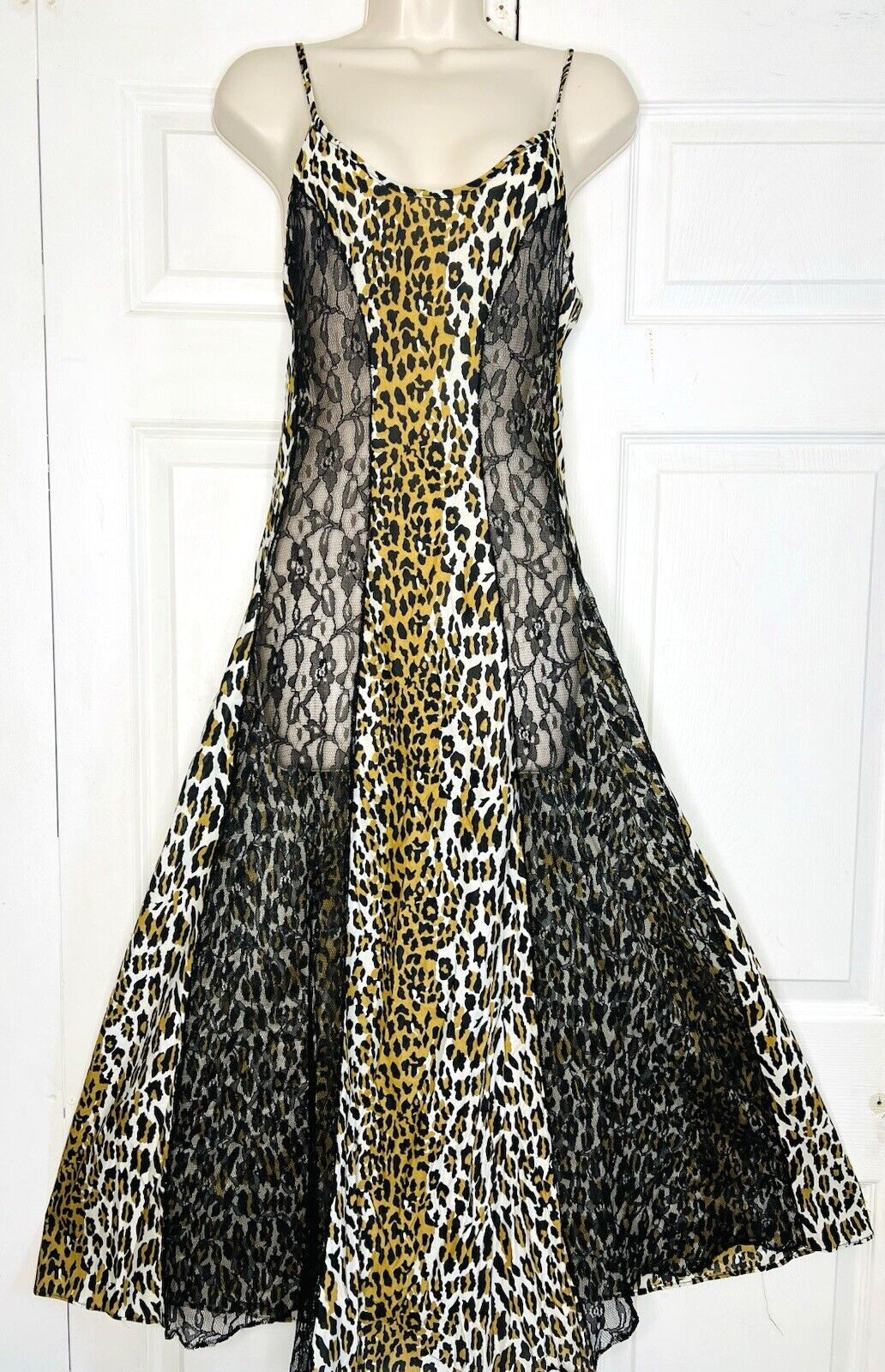 Vtg SEXY Leopard & Black Semi Sheer Lace Panels SMALL Long Negligee Nightgown