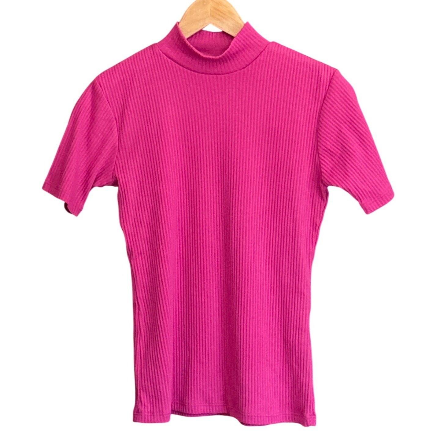 Vintage 90s Hasting & Smith Mock Neck Ribbed Top Barbiecore Vibrant Pink Preppy