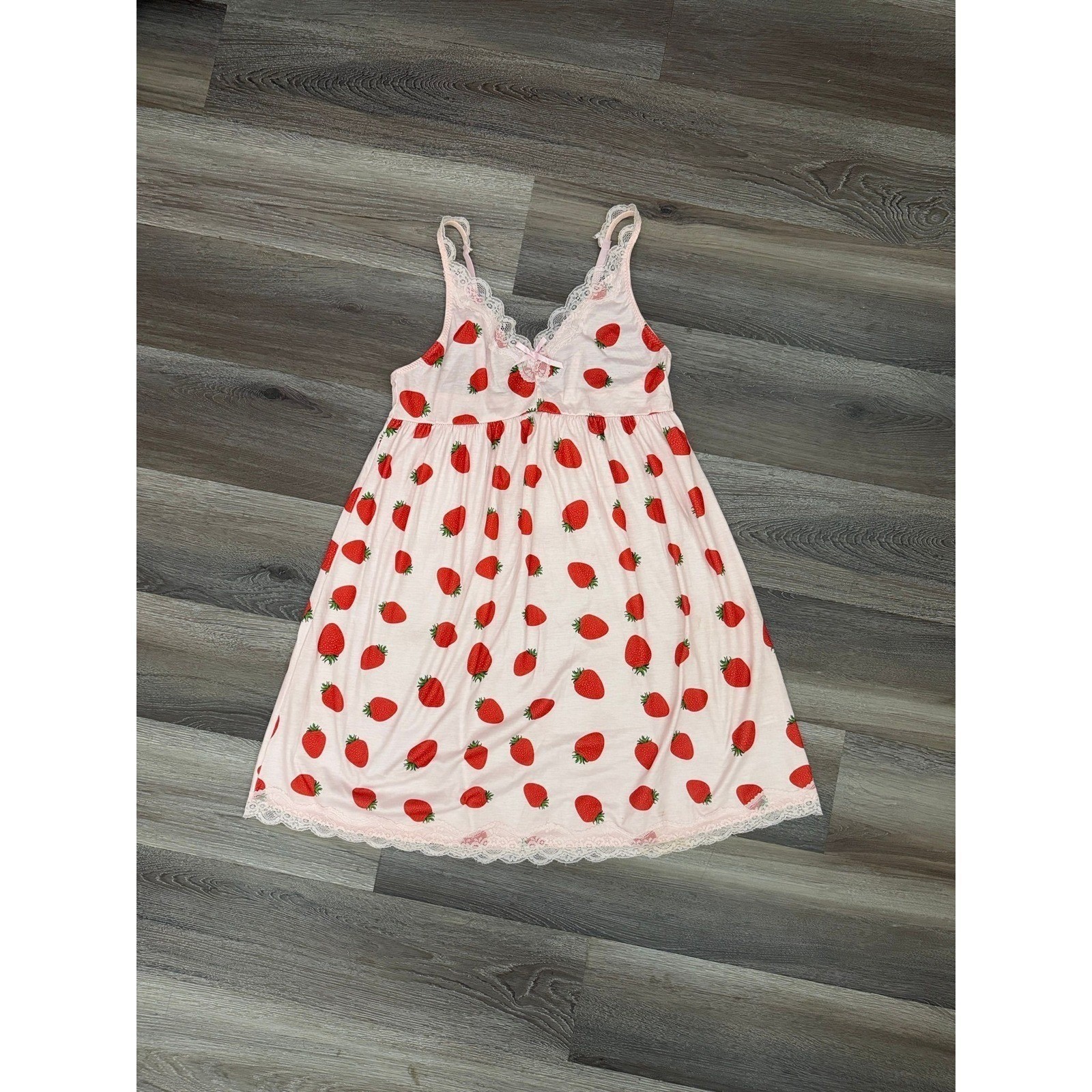 AVIDLOVE Strawberry Print Nightgown Slip Dress Pink White Size M