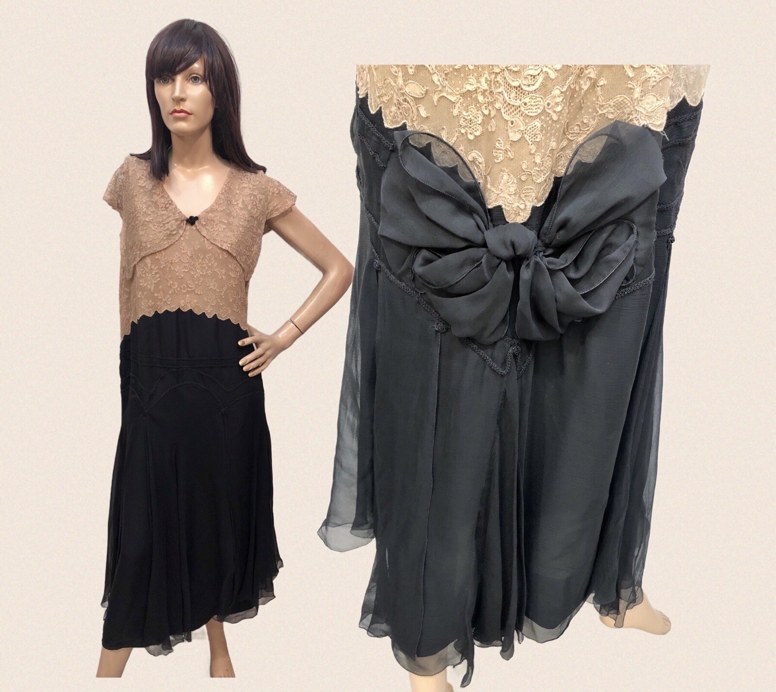 VTG Antique 1920s SILK CHIFFON FLAPPER DRESS w/TAMBOUR LACE BODICE & Rosettes