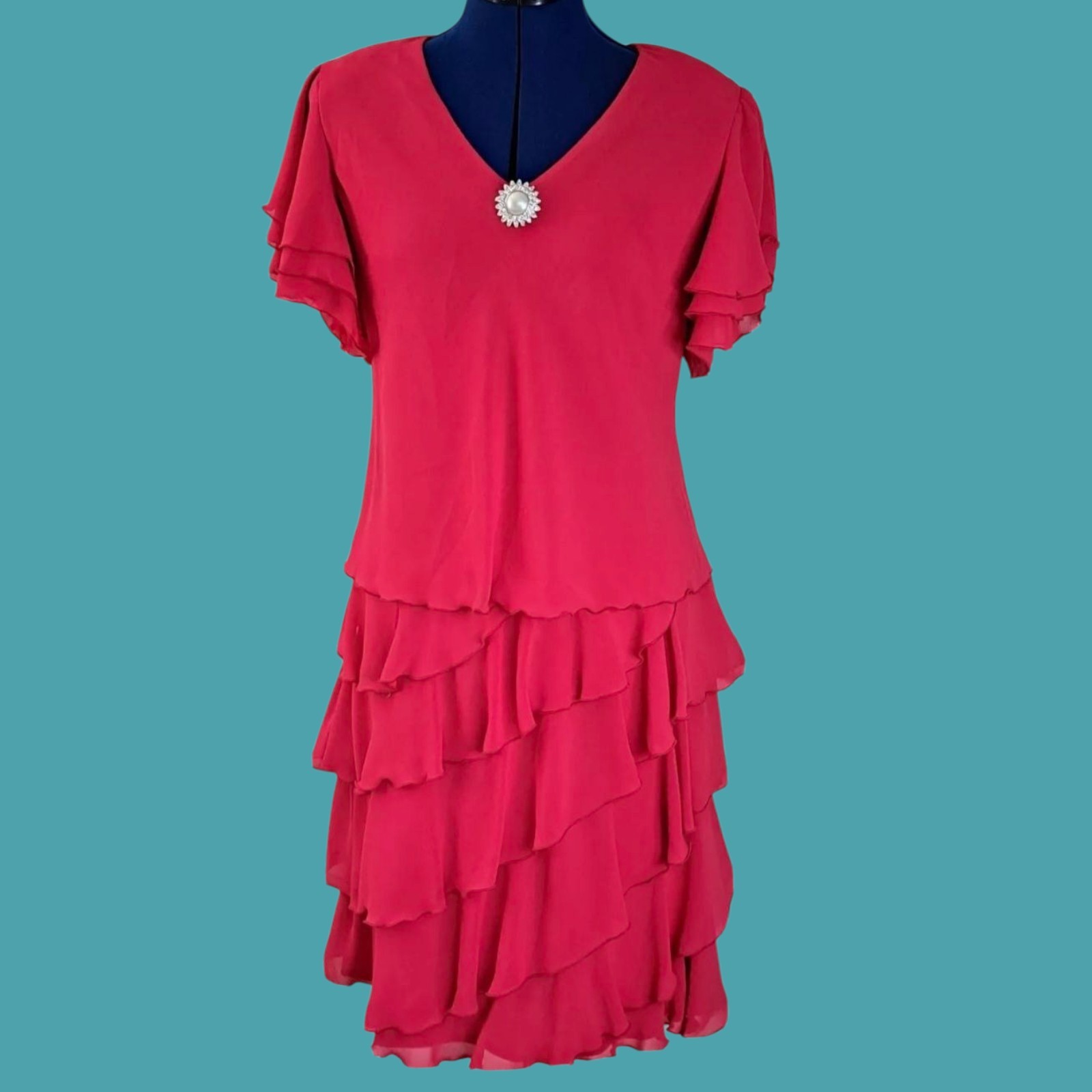 Vintage 1980s Chez Modes Chiffon Ruffle Dress Sz 10 Flutter Sleeve Tea Party