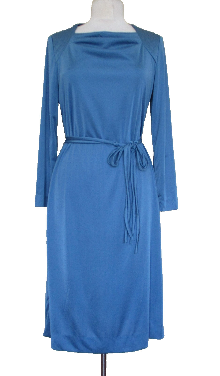 Vintage 70s Umba Parues Feinstein Dress Blue Nylon S/M Women Belted Long Sleeve