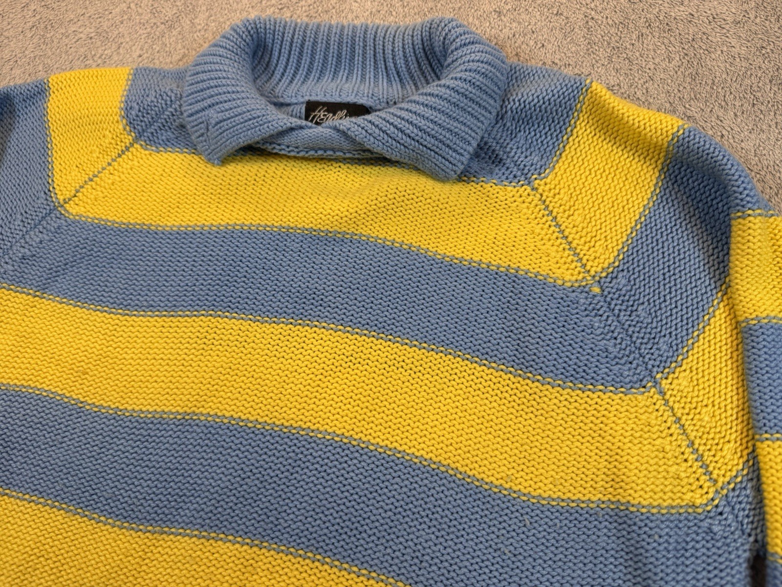 Vintage 80s Acrylic Knit Sweater L Collared Yellow/Blue Striped Headliners Sport