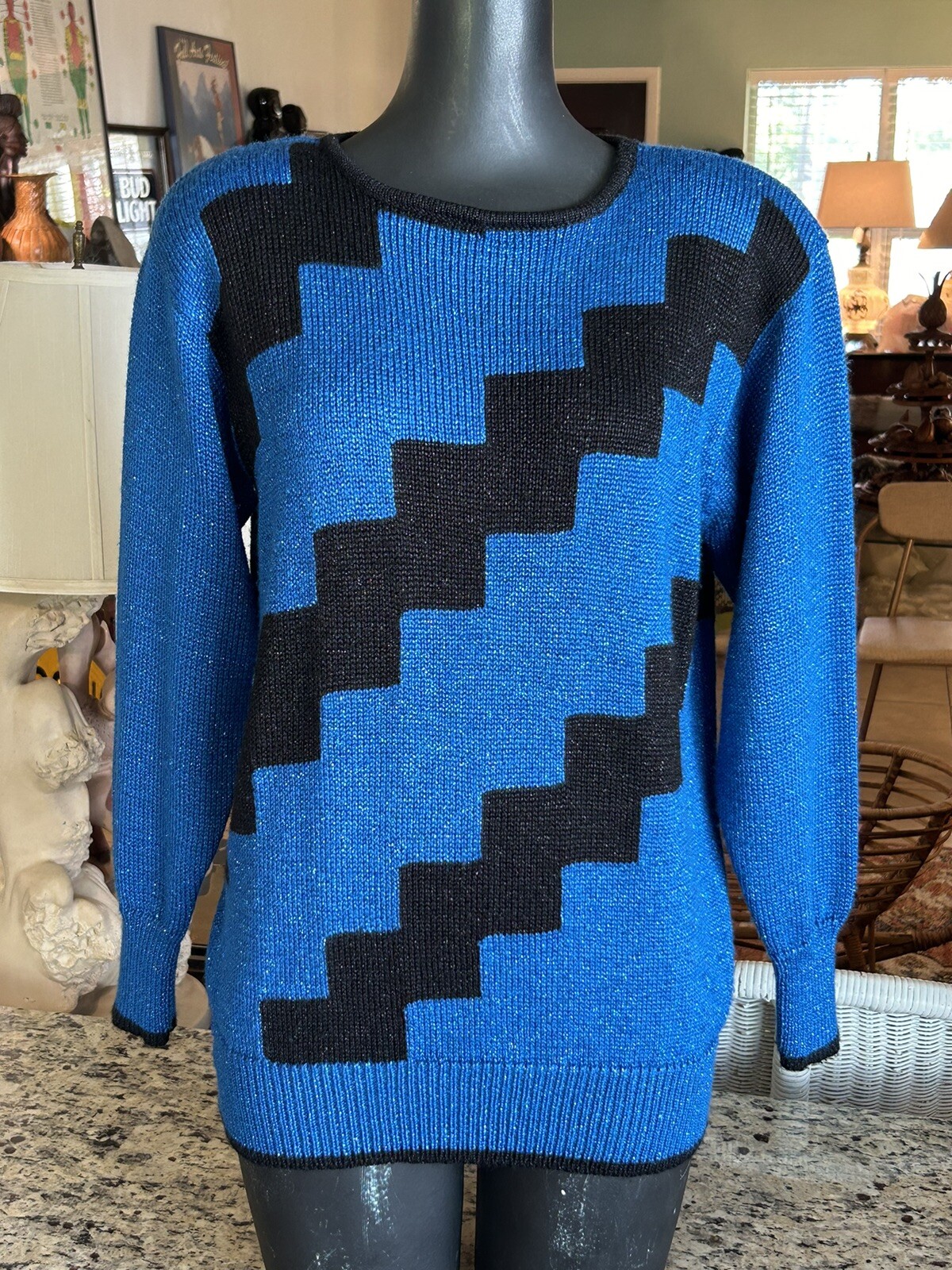 Vintage 80s Liz Claiborne Electric Sparkly Blue Black Steps Oversized Sweater M