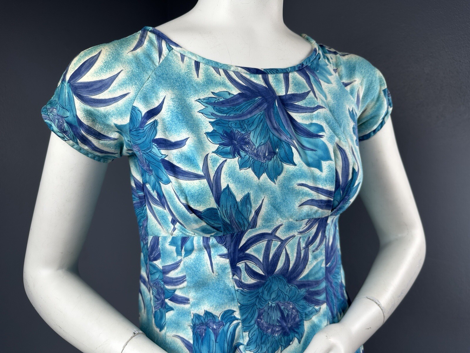Vtg 60s Hawaiiana Modes Honolulu Blue Aqua Floral Empire Maxi Sundress 32” Bust