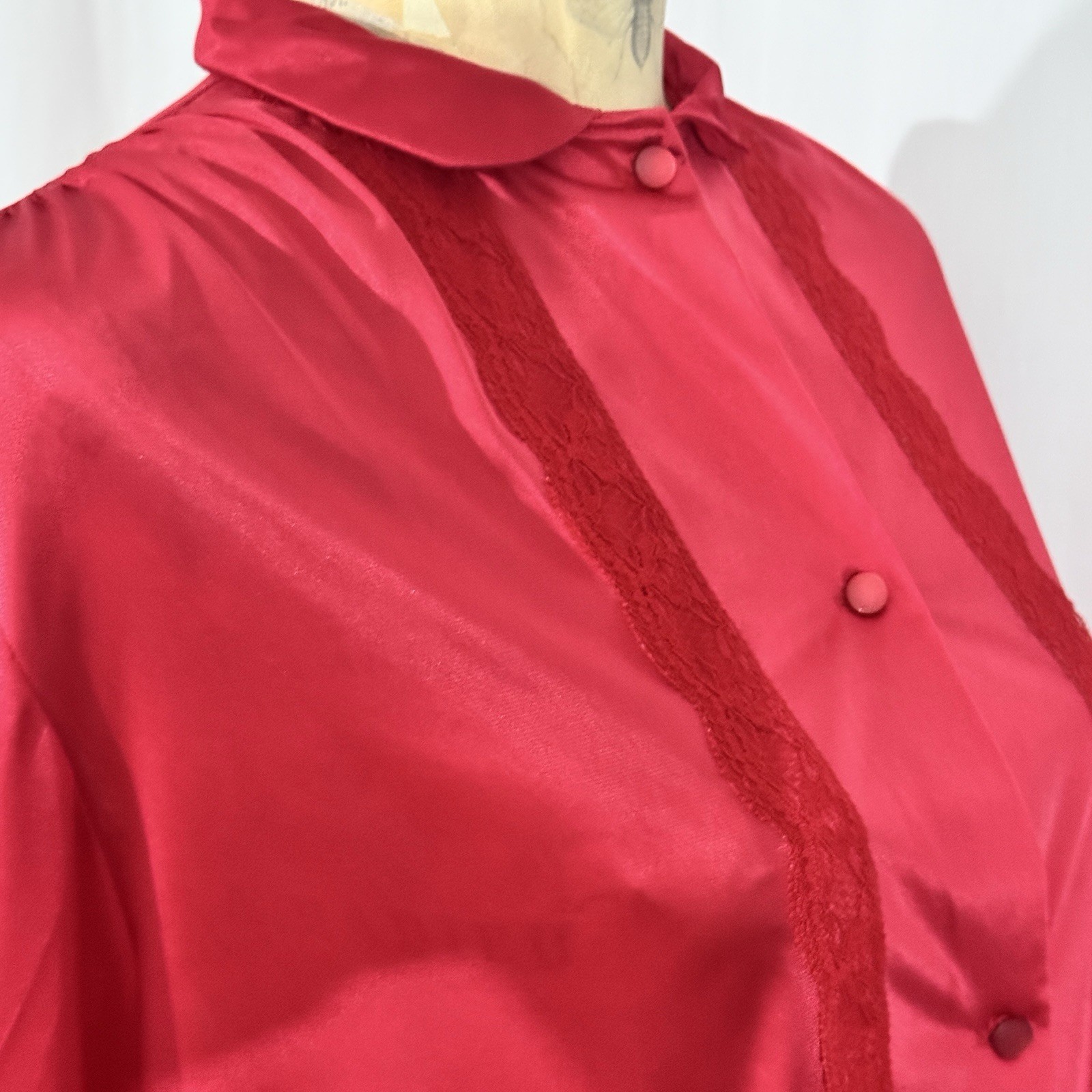 VTG NANCY KING Lingerie Bed Jacket Blouse Sz M Red Lace Peter Pan Collar Sleeves