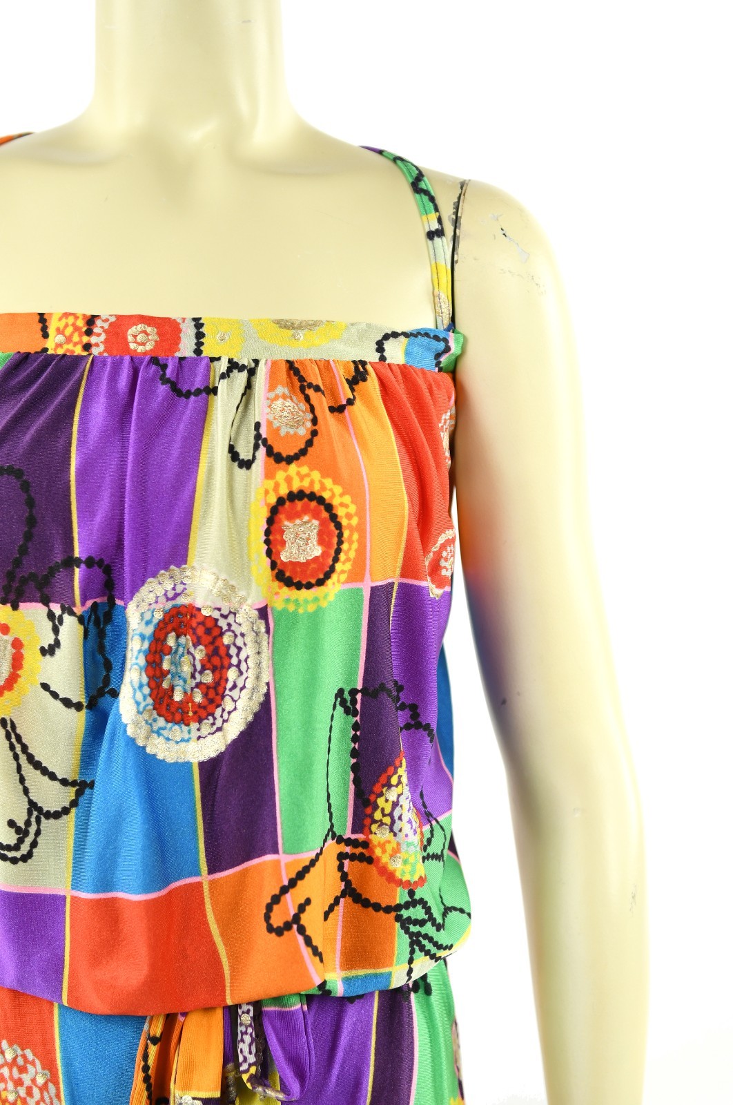 Vintage 70s Gottex Rainbow Abstract Floral Print Blouson Bathing Suit Swimsuit L