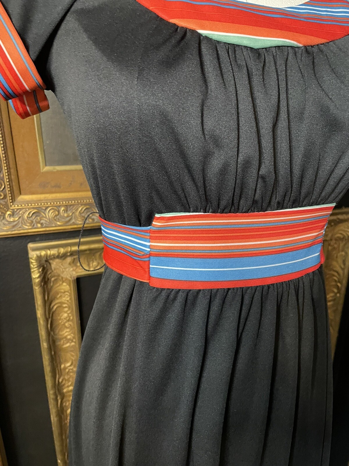 Vintage 70s Paper Moon Black Rainbow Maxi Dress XS S