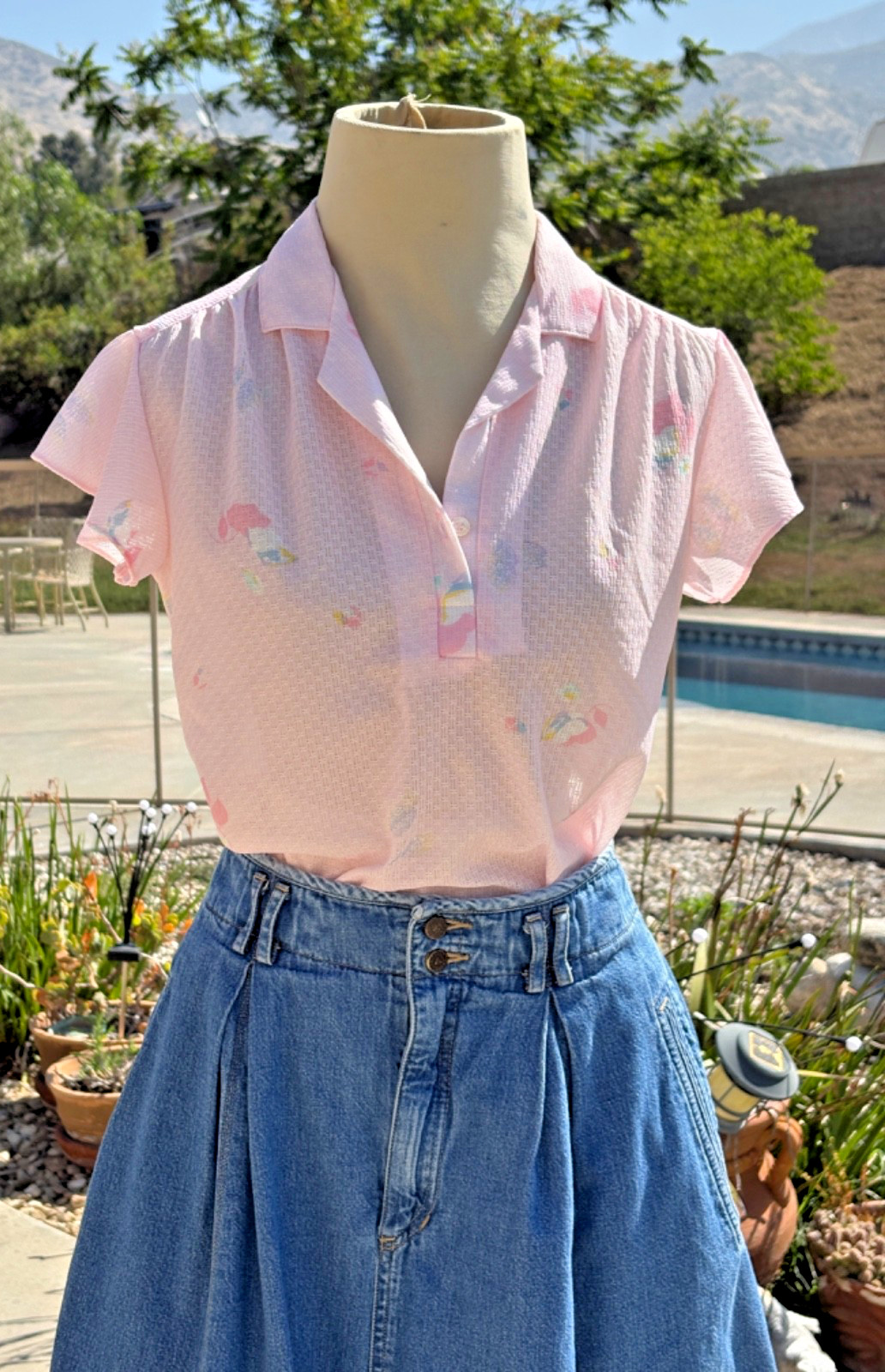 Vintage 70s 80s Shear Pale Pink Flutter Sleeve Blouse Top S Disco Fairy Flower