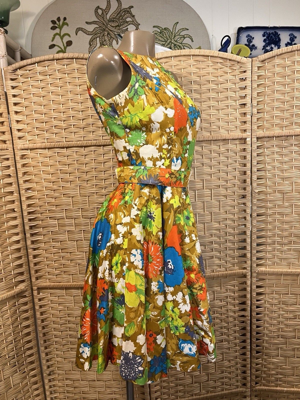 VTG 50s 60s Jay Herbert Bold Vibrant Floral Flower Power Full Circle Dress XS S