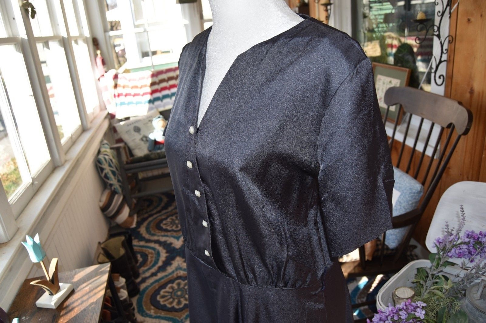 Vintage Handmade 1960s Shirt Dress A-Line Skirt Assymetrical Snap Blue Medium