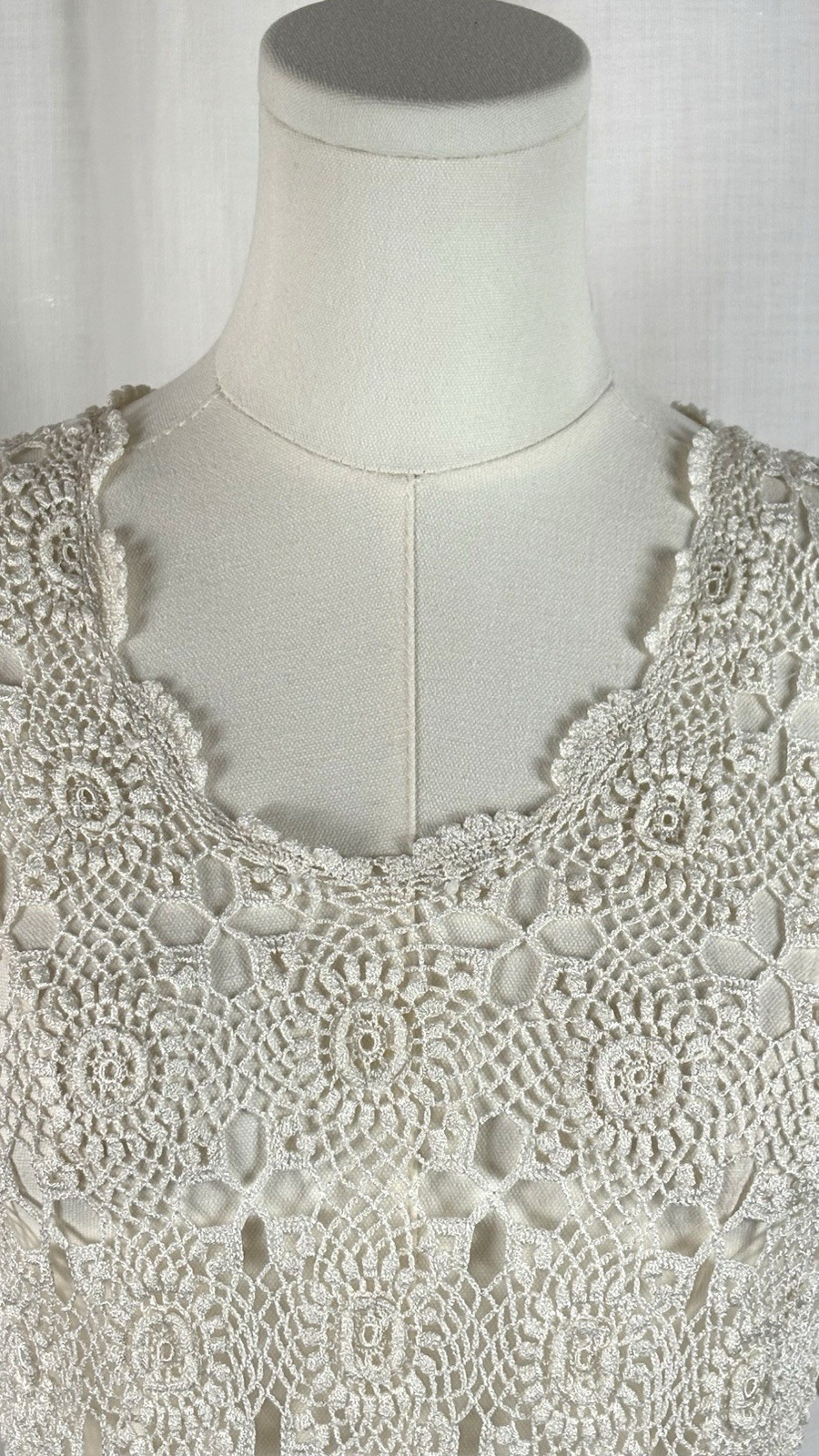 Vintage 70s Hand Crocheted Boho Crochet Top Cream Floral Lace Festival Hippie M