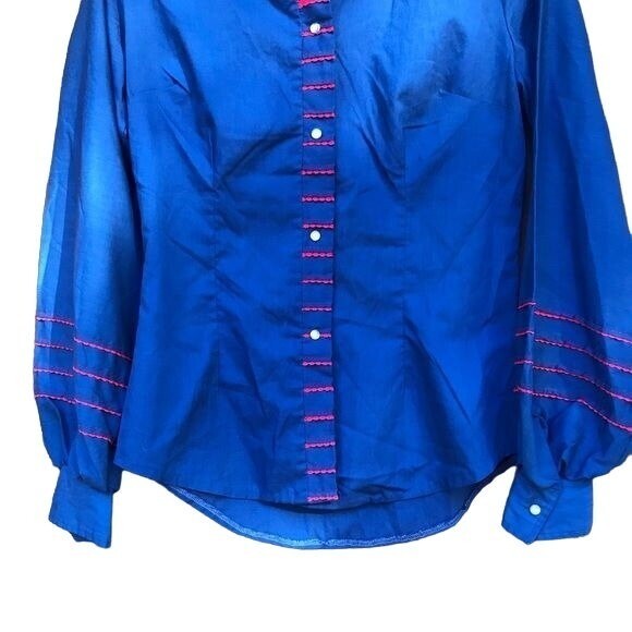 Vintage Karman Western Wear Lantern Sleeve Blue Red Embroidery Button Down Shirt