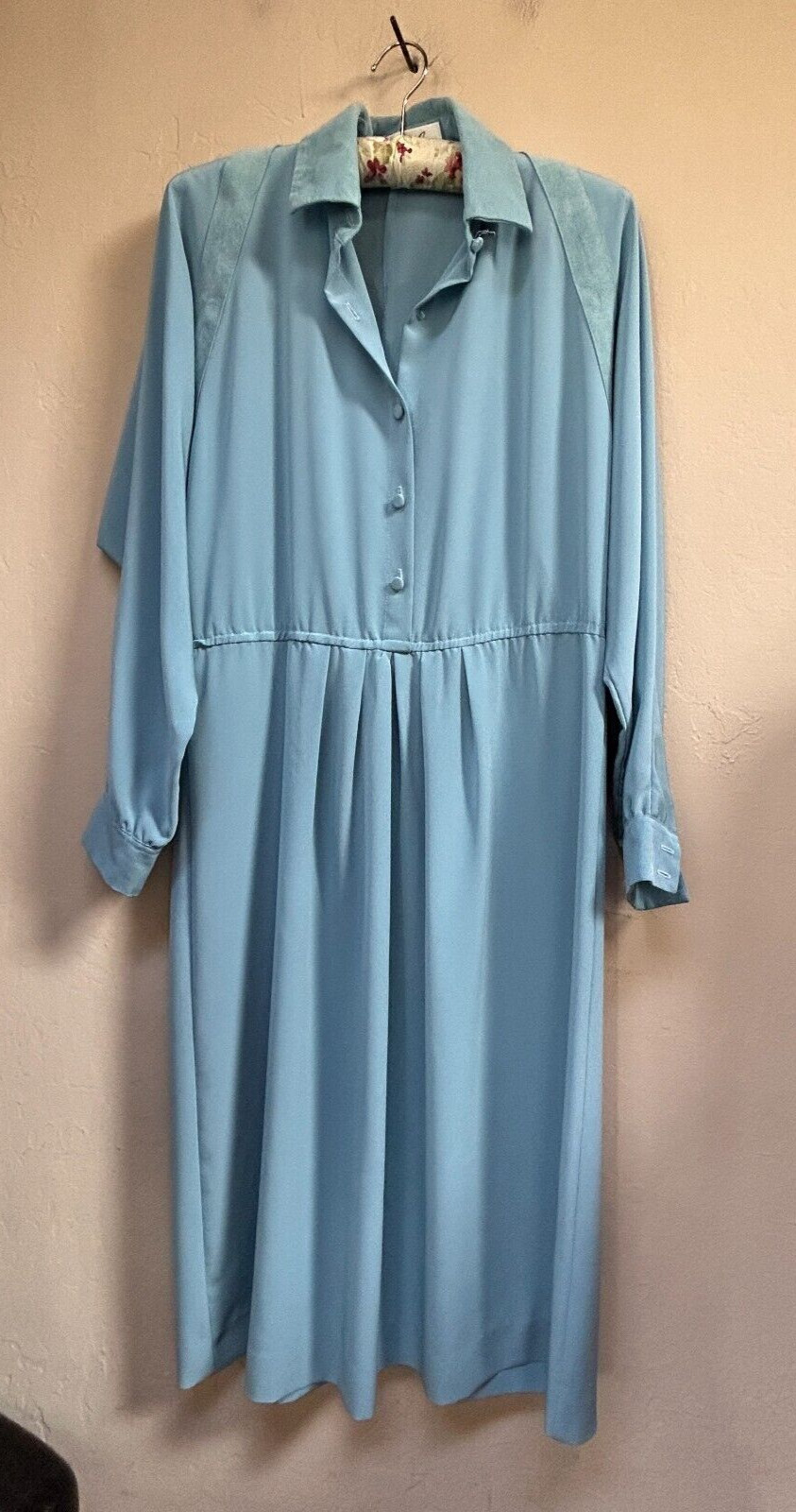 Vintage ILGWU Union Made Lilli Ann Blue Long Sleeve Shirt Midi Dress Suede Trim