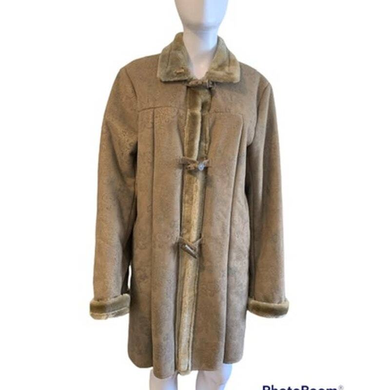 Dennis Basso Women’s Size Large Coat Tan Patterned Hook and Loop Closure NWOT