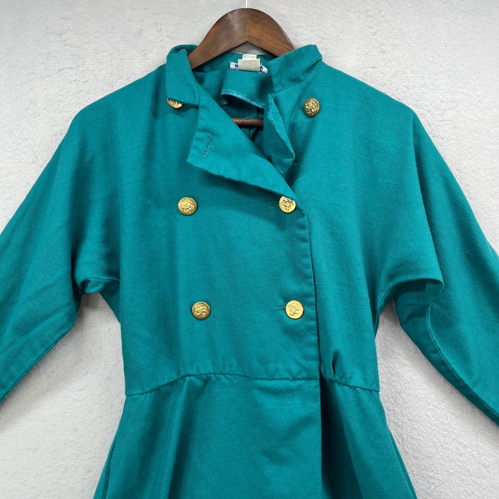 VTG Doncaster Coat Dress Womens 8 Teal Green Double Breasted Gold Button Maxi