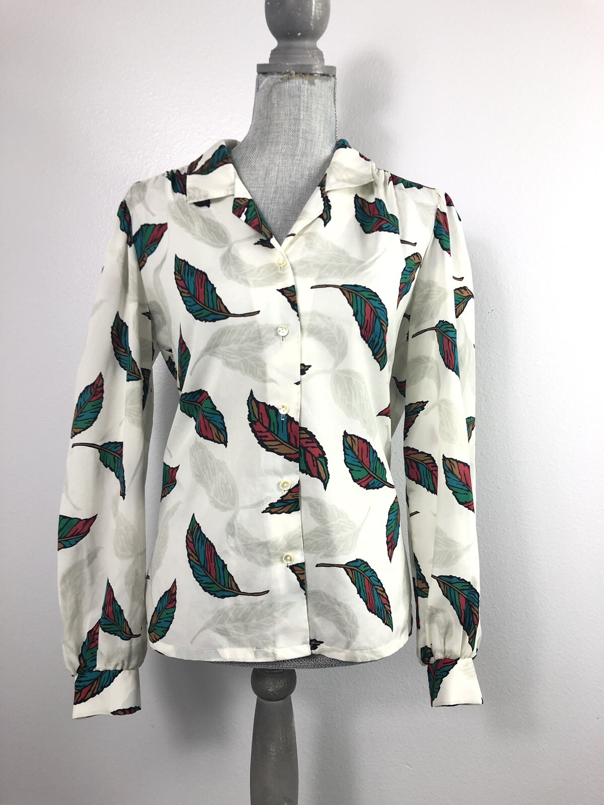 Vintage White Red Green Feather Button Down Long Sleeve Blouse Arabella Blake12