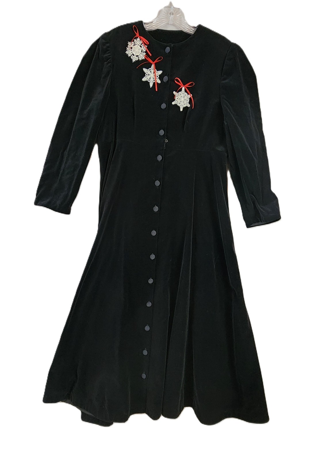 Holiday Dress Black Velvet w/Snowflake Appliqué Red Bows Button Front Long