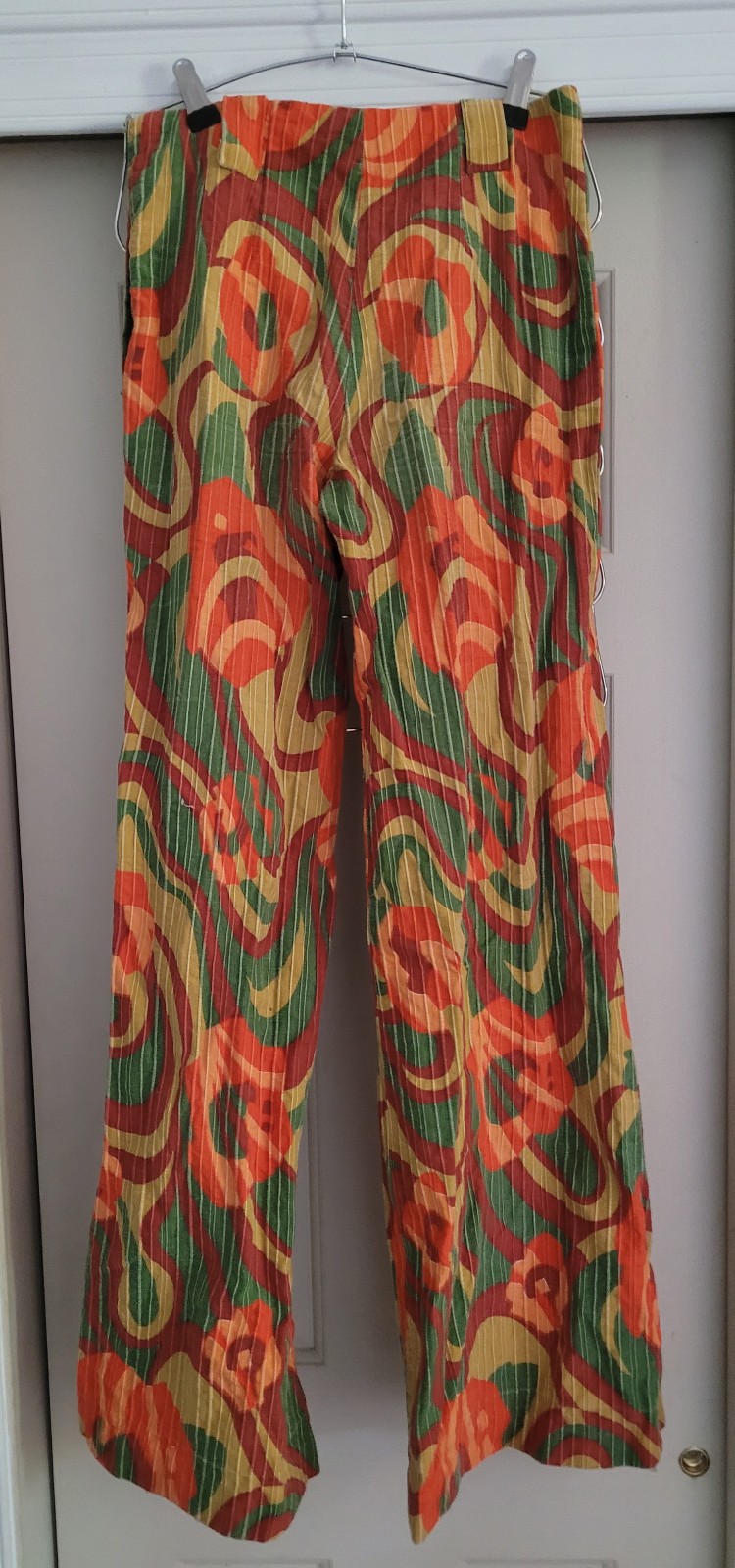 Vintage Hand-Sewn Pants Psychedelic 70s Pattern 26 1/2″ Waist Hippy Bell Bottom