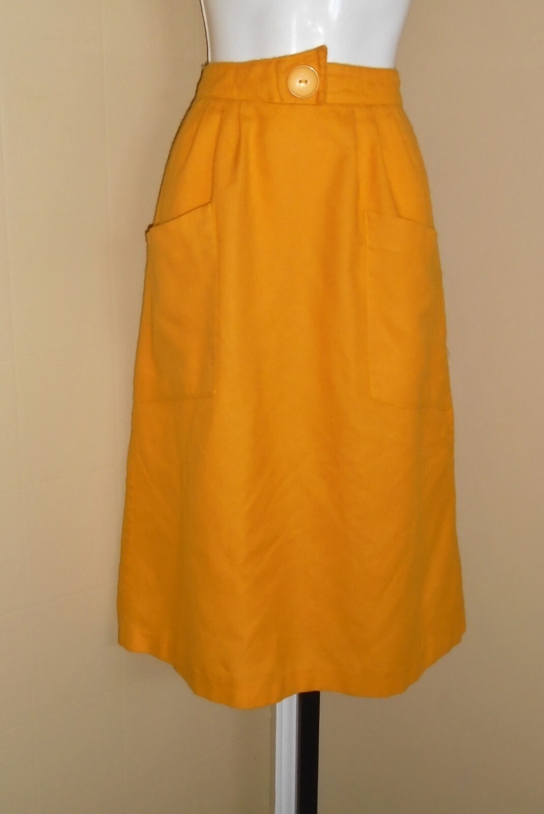 Ladies VTG 1980s A Line Gold Midi Skirt Rear Slit Patch Pockets Sz 11 S/M VGUC
