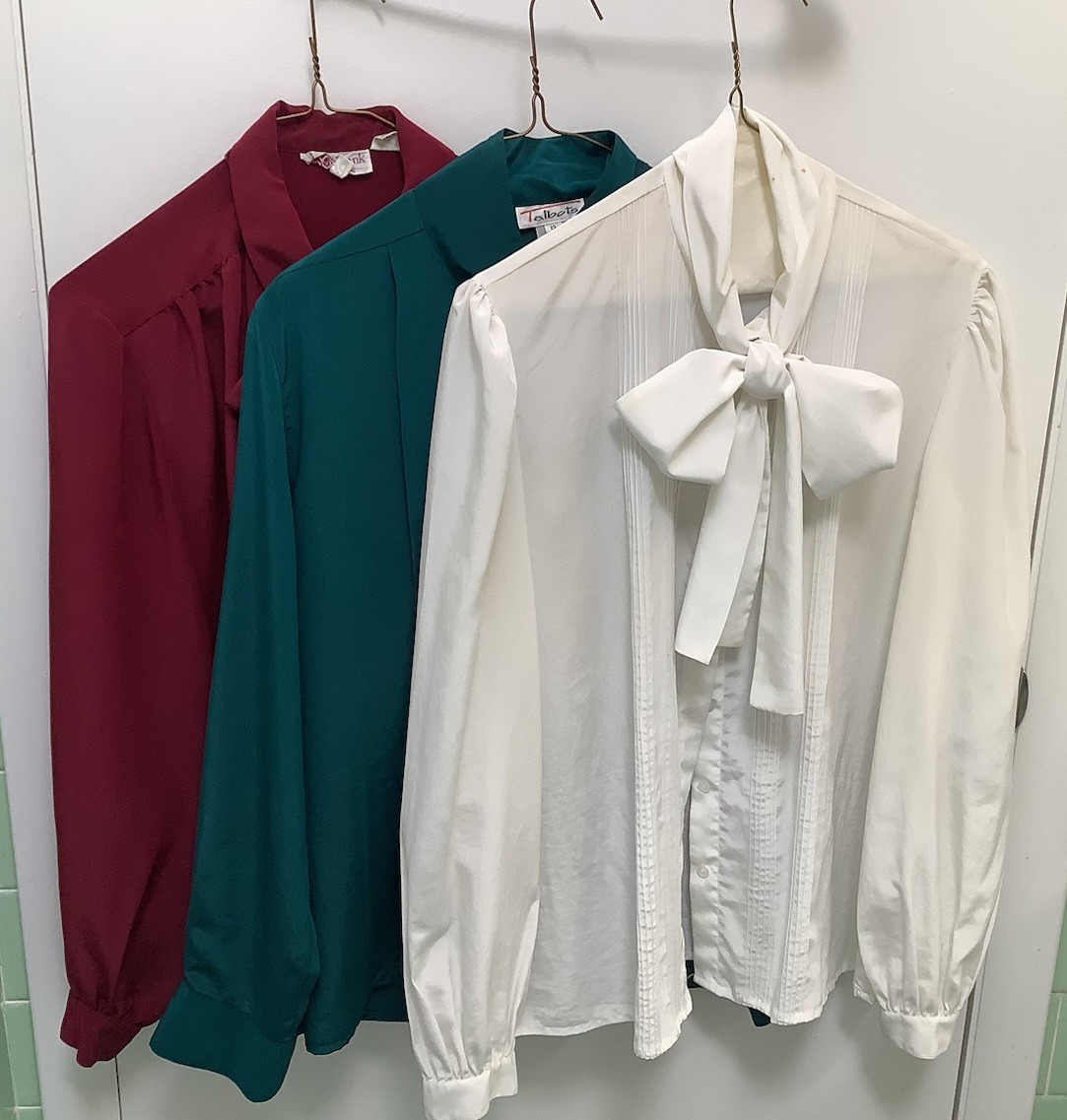 Lot Of 3 Vintage 80s Polyester Pussy Bow Blouses White, Cranberry, Dark Teal