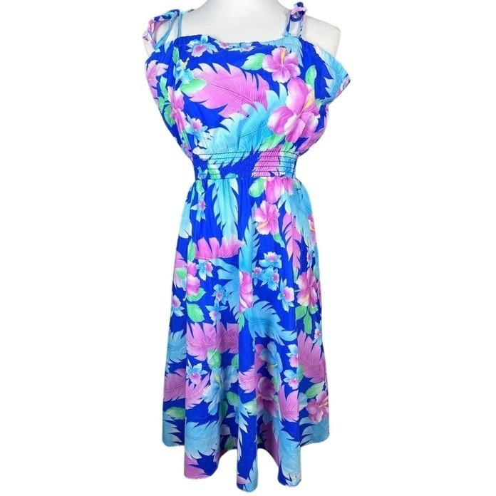 Island Fashions Honolulu Hawaii Vintage Floral Tropical Midi Dress Blue Pink L