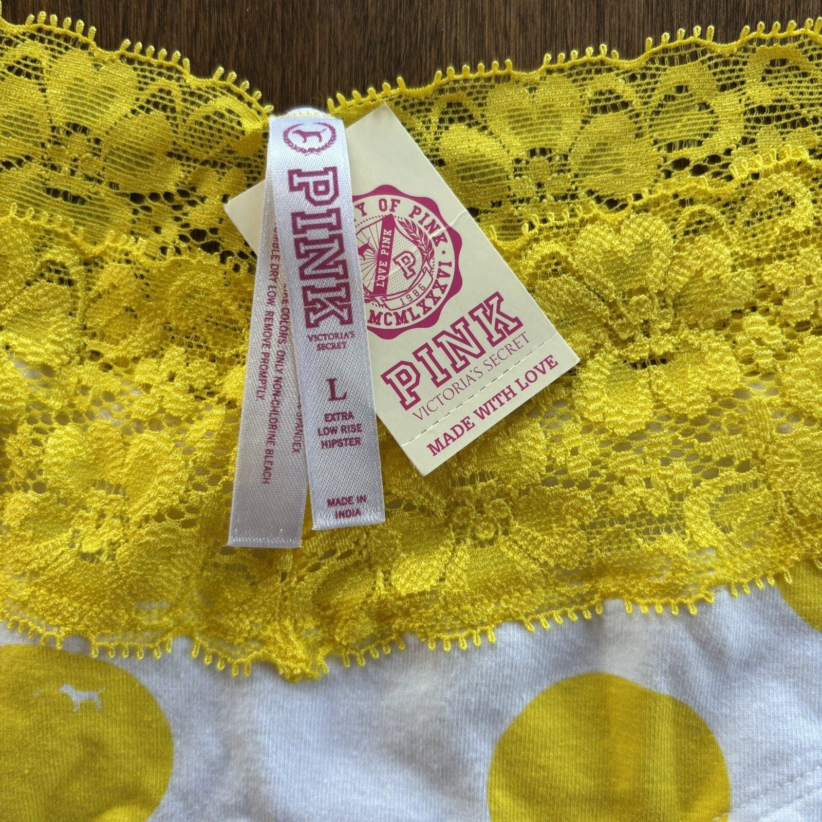 Victoria’s Secret Pink Vtg Extra Low Rise Hipster Large Yellow Dot Dog 2008 NWT