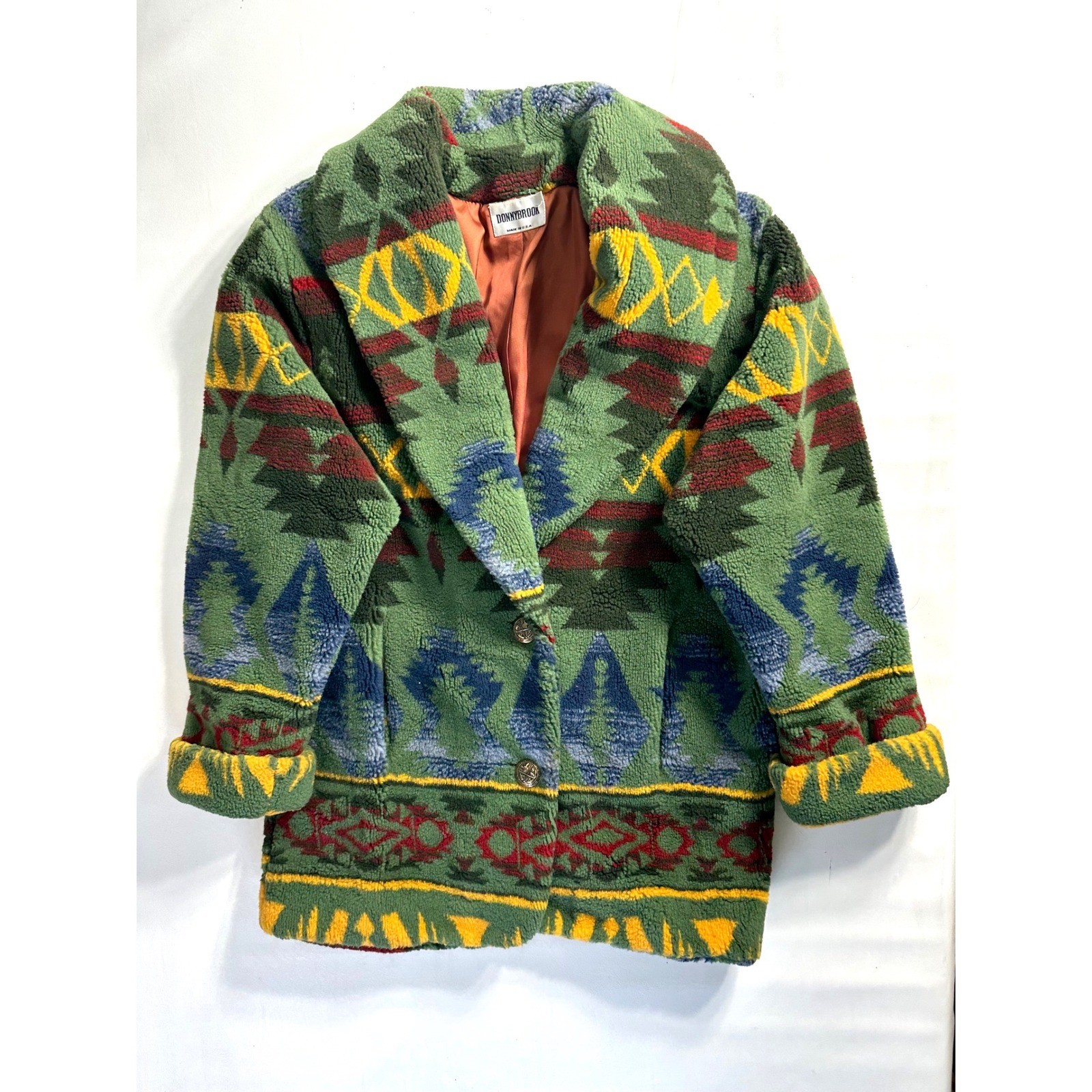 Donnybrook Vintage Southwestern Faux Fur Sherpa Jacket Green Aztec Made in USA