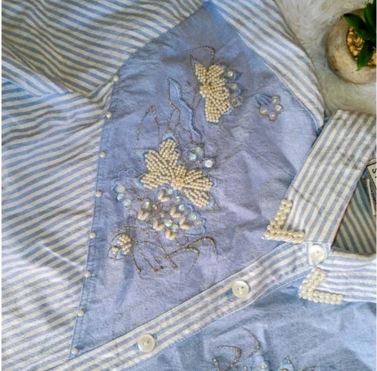 Vtg 80s Glam Maximalism Andrew Sport Pearl & Sequin Blue Cotton Stripe Shirt M