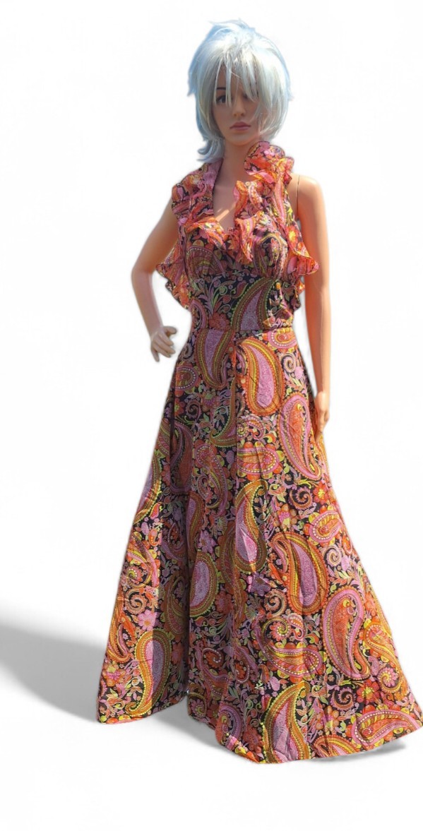Jack Hartley Miami Maxi Dress Paisley Print Ruffle Neck Sleeveless S Vtg 70s