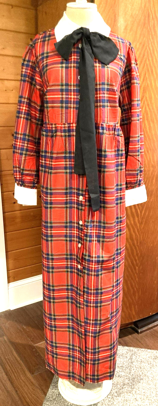 Vintage 1960s 1970s red tartan plaid maxi dress black bow B 39 USA